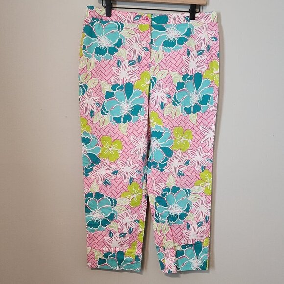 Lilly Pulitzer floral capris pants size 12 Hibiscus Pink Beach Mat pattern - Picture 12 of 13
